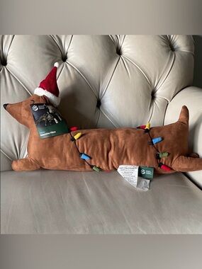 Festive Dachshund Plush pillow with Santa Hat and Lights